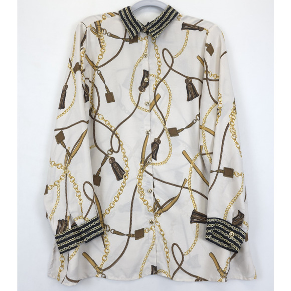Roz & Ali Chain Strap Print Button Front Tunic Women 2X Beige Gold Long Sleeve - Picture 12 of 12